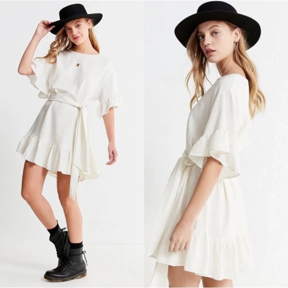Urban Outfitters Suddenly Spring Linen Blend Ruffle Sleeve Mini Dress White XS